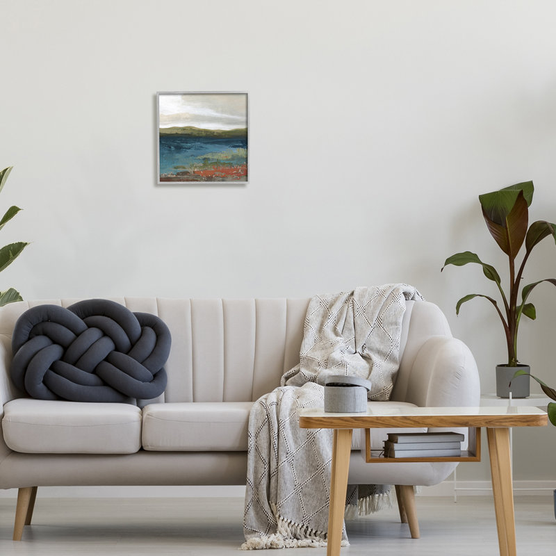 Étang, rivage vert, paysage montagneux moderne, estampe numérique, art texturé par Carol Robinson