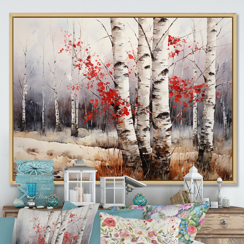 Bois de bouleau blanc et rouge en hiver III - Art mural bouleau, 30" H x 40" W, Cadre naturel flottant