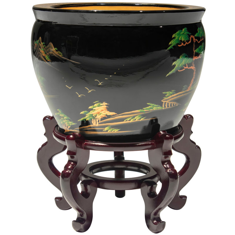 12" Black Lacquer Fishbowl - Landscape, 9" H x 12" W x 12" D