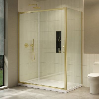 Breeze 60 in. L x 32 in. W x 75.59 in. H Straight Corner Shower Kit in Brushed Gold with Clear Sliding Door and Pan
