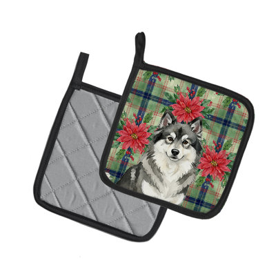 Keeshond Christmas Poinsettas Pair of Pot Holders