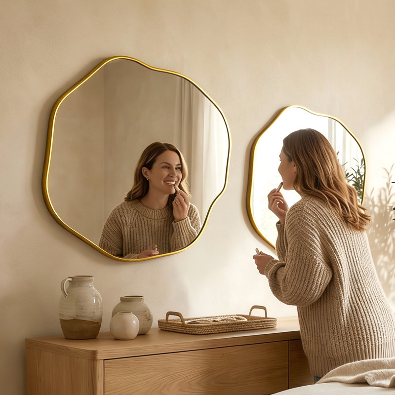 Miroir mural irrégulier, cadre en métal asymétrique moderne, verre HD pour salon, chambre à coucher, salle de bain - doré, 25 po x 28 po