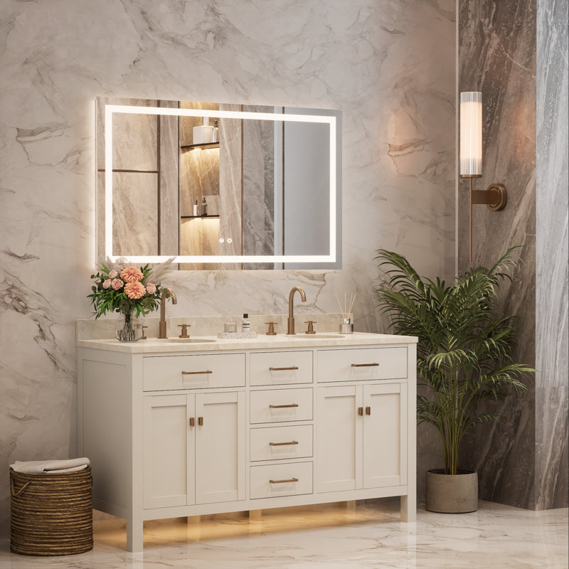Miroir de meuble-lavabo à fixation murale avant et rétro-éclairé Cardier avec réglage en 3 couleurs, incassable, verre trempé