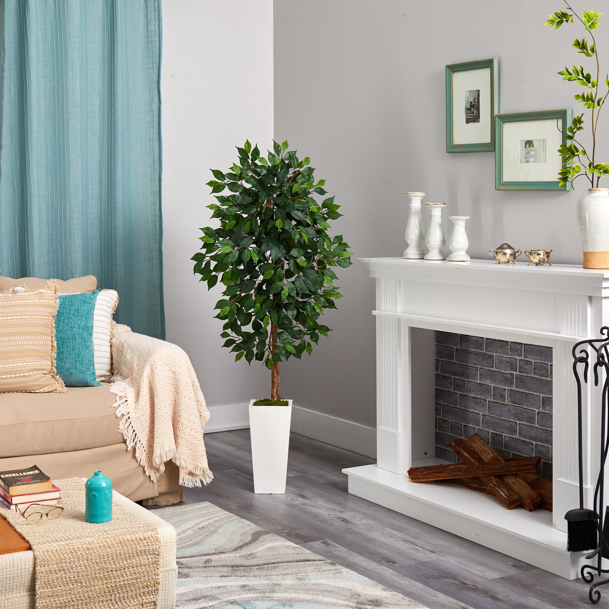 Faux Ficus Tree in Clay Planter, 54" H x 21" W x 19" D, White