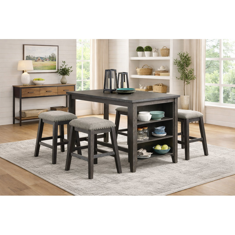 Ashwick 60" Farmhouse Counter Height Dining Table — Wire-Brushed Gray Finish · Built-In Open Shelving · Seats 4