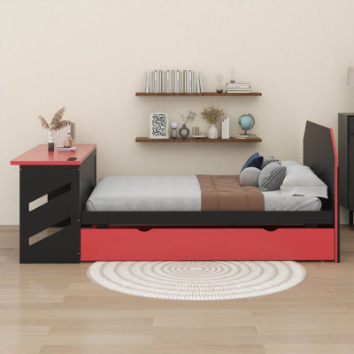 Full Size Wood Daybed With Trundle Bed Twin, Extendable Daybed Frame With Desk, Gaming-Inspired Extendable Day Bed With Pull Out Trundle