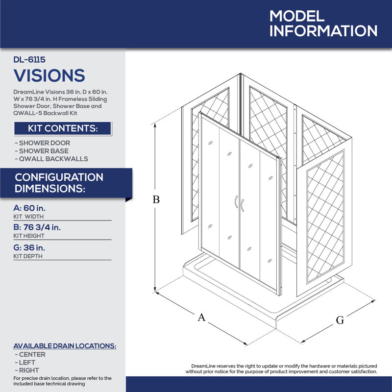 Visions 60" x 36" x 76.75" Frameless Shower Enclosures, Brushed Nickel, Left