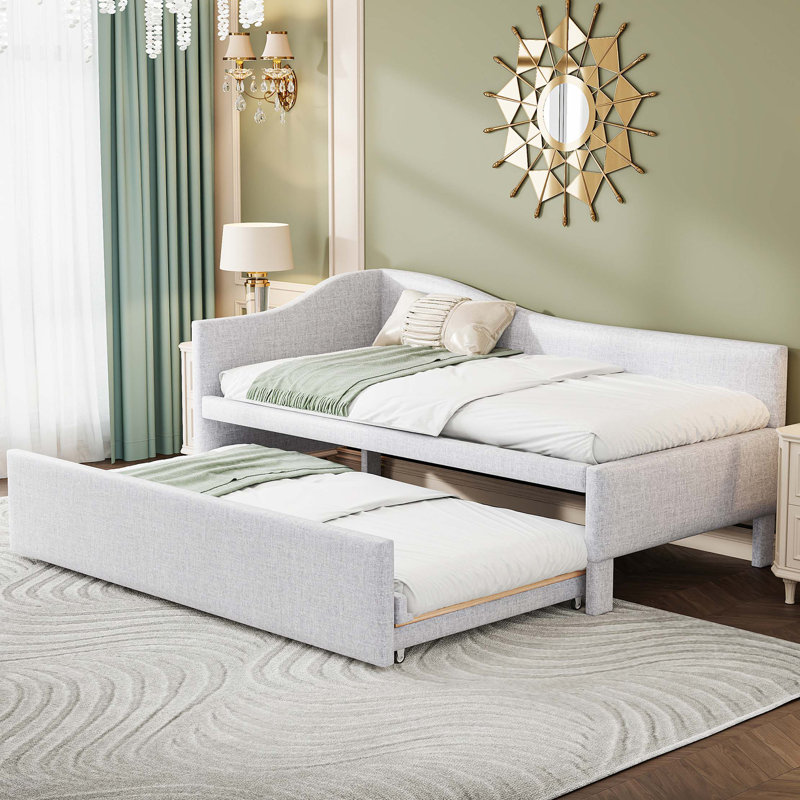 Twin Size Upholstered L-Shaped Upholstered Daybed With Pop Up Trundle, Beige