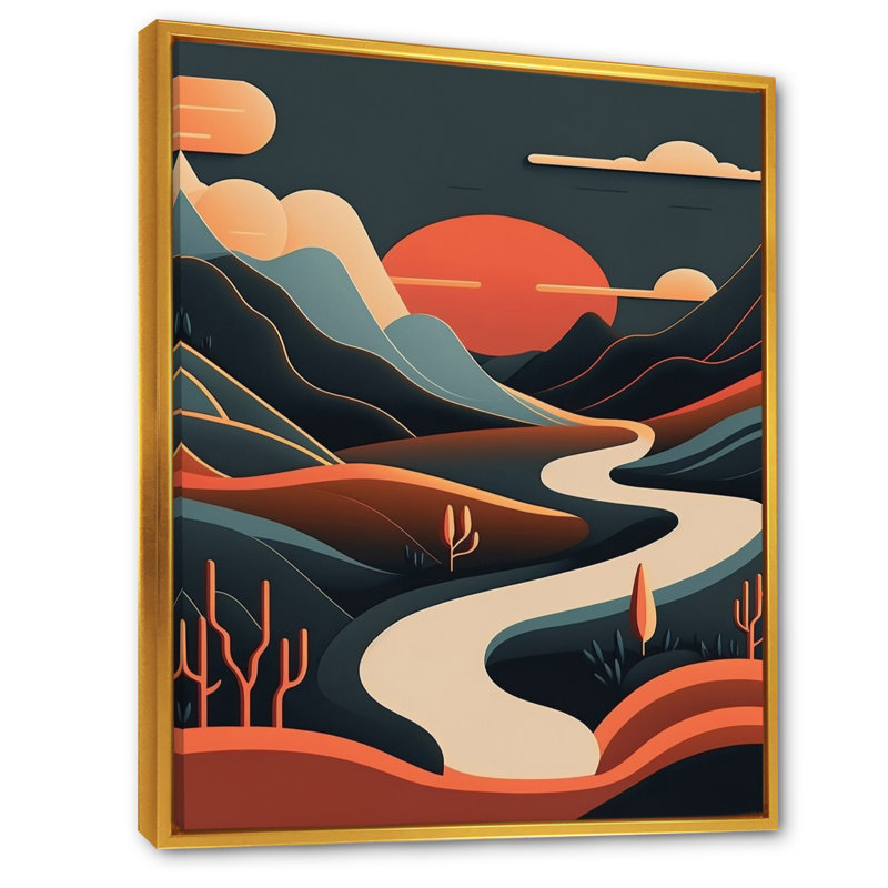 Pin sur un paysage de montagne en terre cuite III - reproduction sur toile, H 32 po x l 16 po x P 1 po, Cadre flottant doré