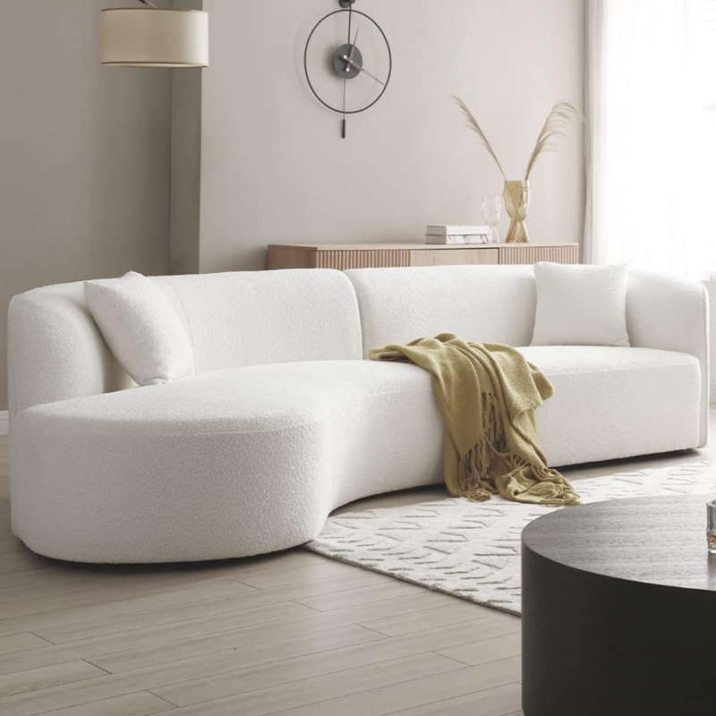 126.37" Boucle Upholstered Curved Sofa, White Fabric, Left Hand Facing