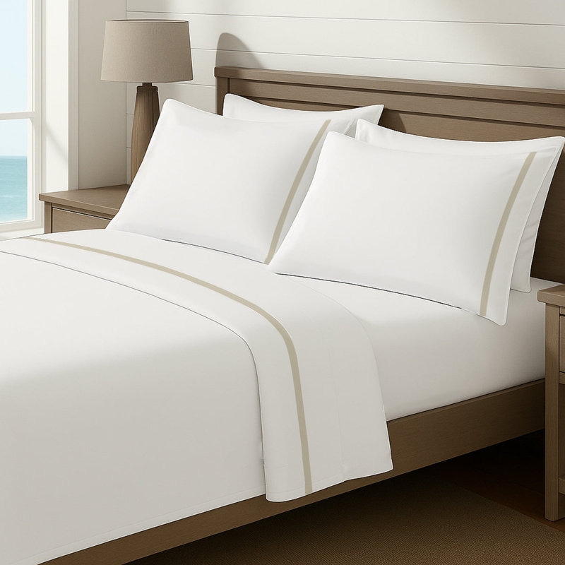 Luxury Border Cotton Sheet Set, Taupe/White, Full Fitted Sheet