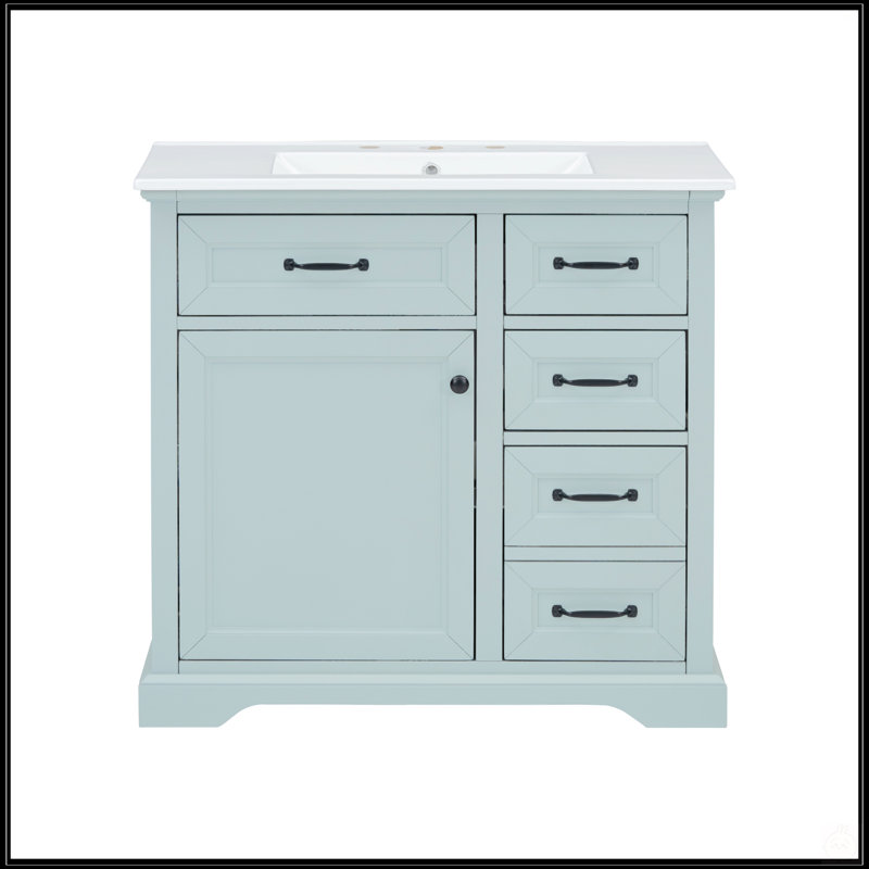 Meuble-lavabo de 36 pouces avec lavabo en céramique, charnières à fermeture en douceur et solutions de rangement multiples pour les salles de bain modernes.