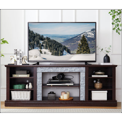 Grand meuble télé en faux pierre avec rangement pour bureau, console média et armoires spacieuses pour un divertissement moderne