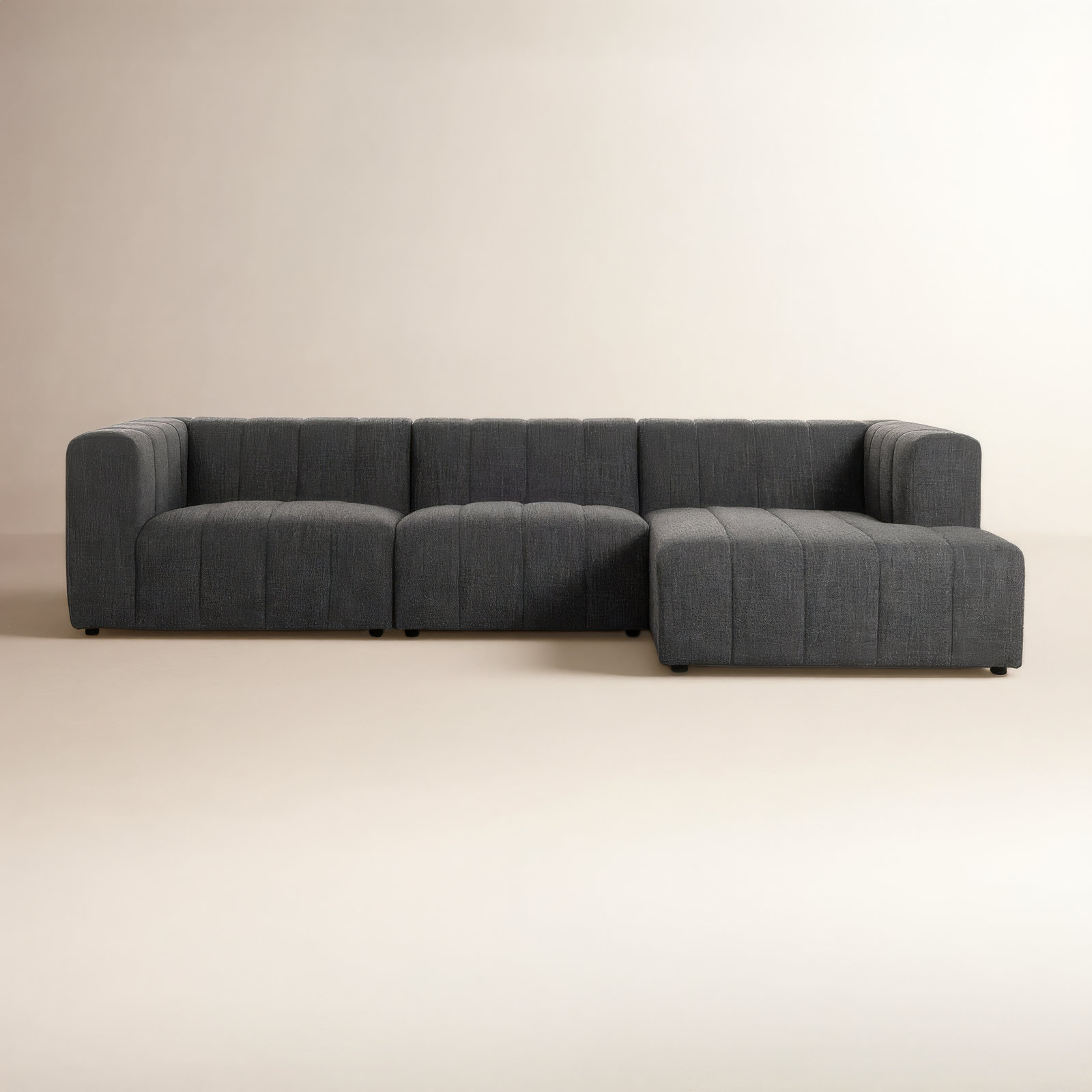 Bowry Modular Upholstered Chaise L-Sectional, Right Hand Facing, Black, Saxon Charcoal Polyester Blend