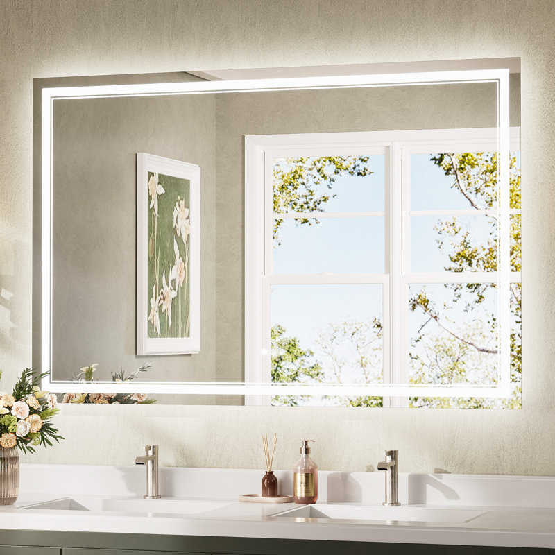 Bluetooth LED Bathroom Mirror Frontlit And Backlit, 3 Colors Temperature & Dimmable Light, Defog, Tempered Glass Vanity Mirror