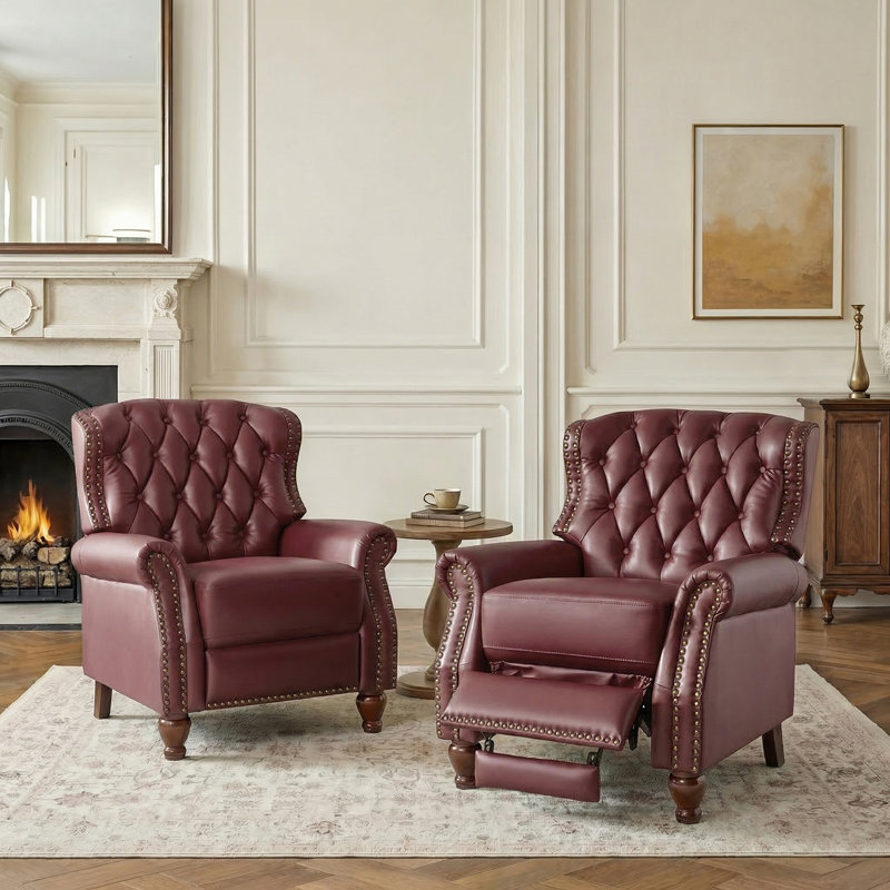 Amaira 34.5'' Wide Genuine Leather Manual Wing Chair Recliner (Set of 2), Burgundy  