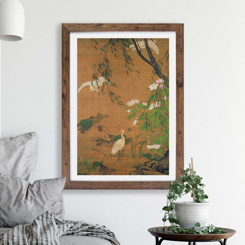 Autumn Egrets & Hibiscus by Lu JI - Single Picture Frame Painting, Walnut Framed, 33cm H x 45cm W x 2cm D