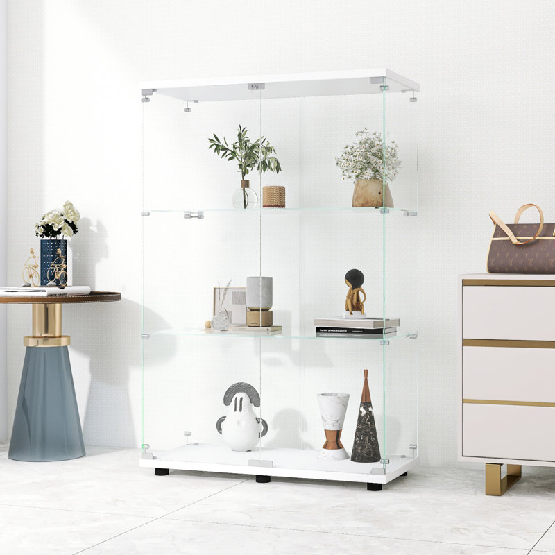 Two-Door Glass Display Cabinet 3 Shelves With Door, Glass Display Case, Floor Standing Curio Bookshelf, White