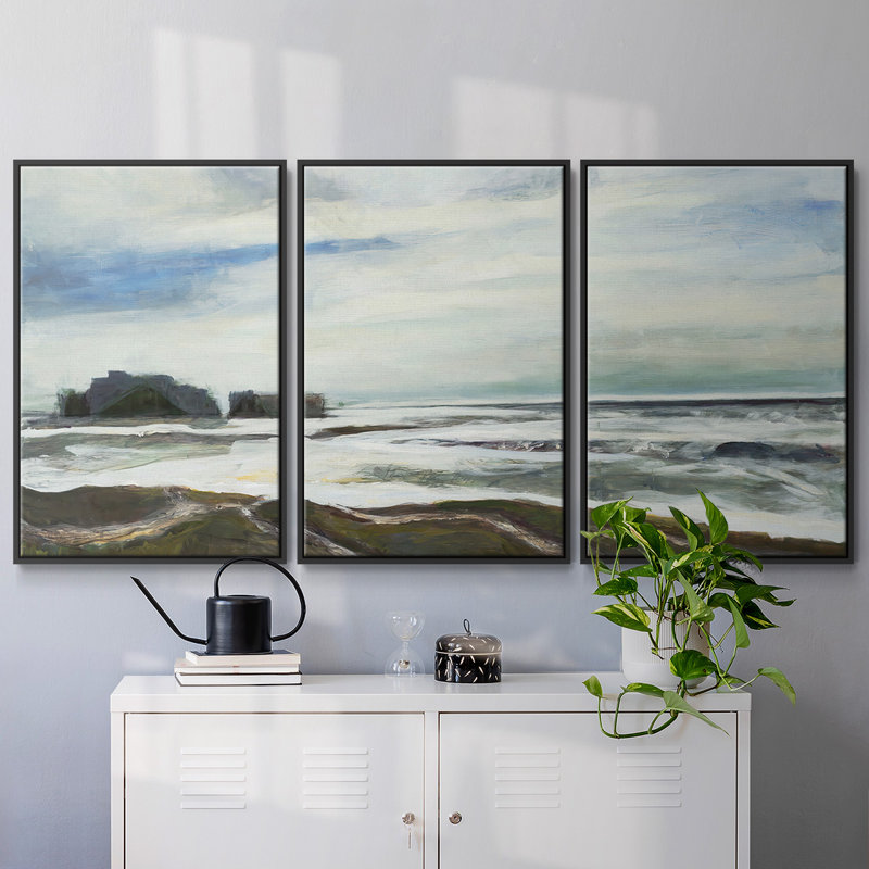 45206, peinture sur toile 3 pièces, H 40 po x l 78 po, Cadre noir