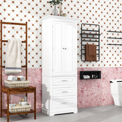 Wood Tall Bathroom Cabinet with Adjustable Shelf, Storage Drawers and Anti-Tipping Design