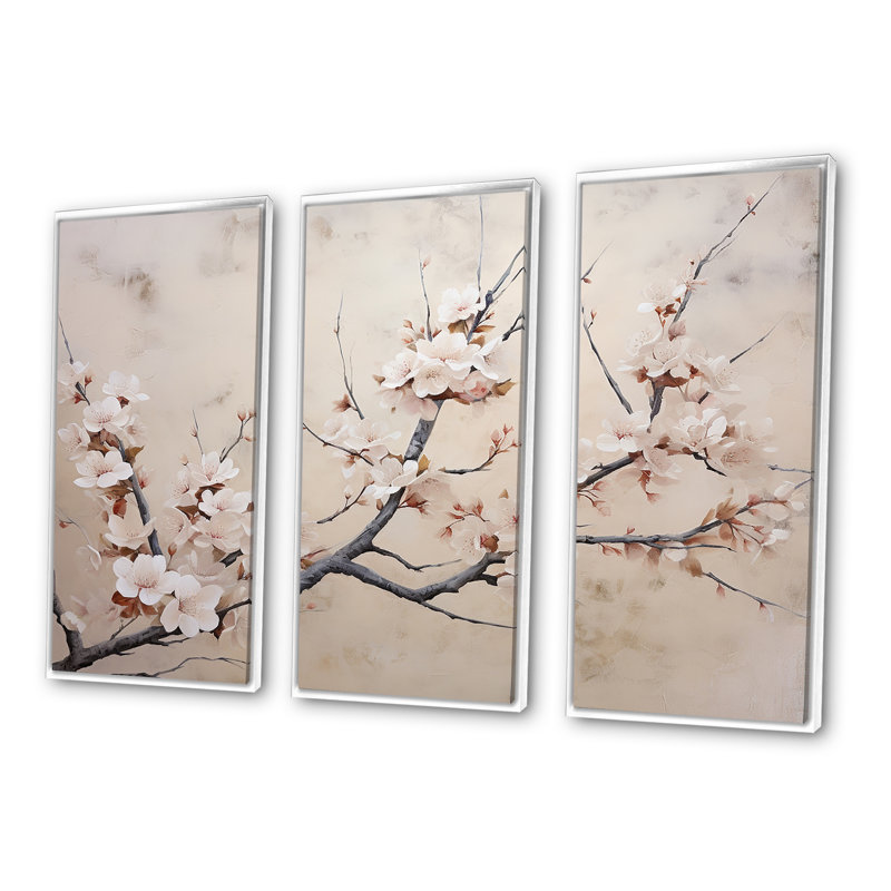 Minimalisme gris et blanc Cherry Blossom - ensemble d'art mural sur toile Cherry Blossom, Cadre flottant blanc