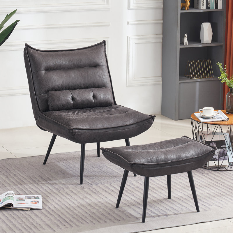 Fauteuil à oreilles et repose-pieds touffeté en polyester l 35,4 po Prout, 100 % polyester gris foncé