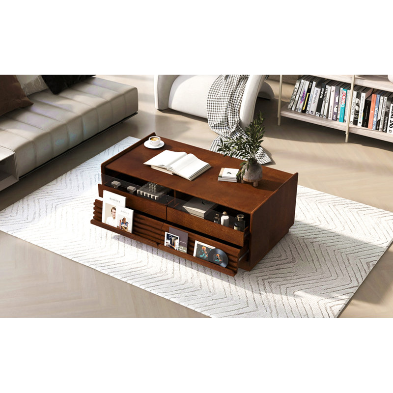 Table basse moderne en bois trempé U-Can avec 4 tiroirs et 2 tablettes, table basse en bois trempé de 47,2 po de style U-Can