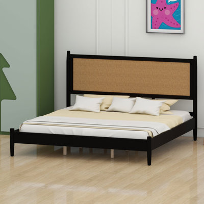 Platform bed frame with woven headboard, reinforced support legs and boho coastal style