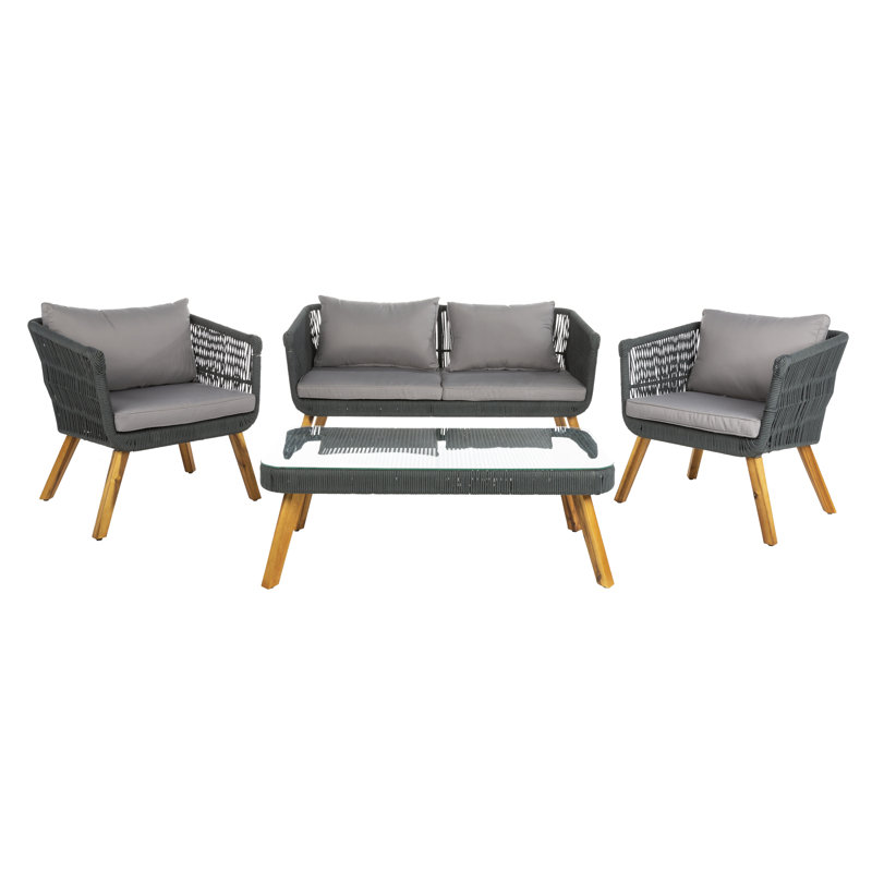 Ensemble de conversation 4 pièces avec canapé et coussins Stinson, Gris / Gris