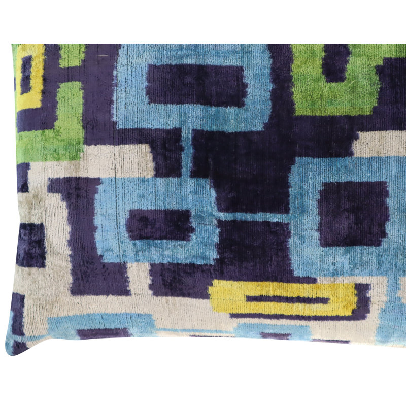 Velvet Lumbar Pillow Cover & Insert, Blue/Green/Yellow Geometric 1