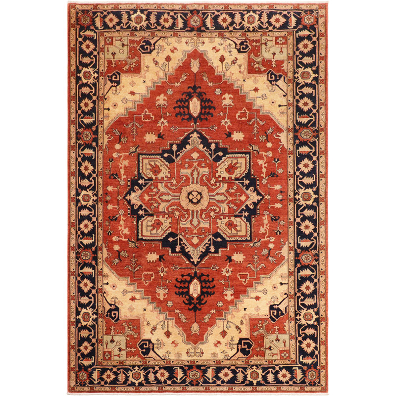 Tapis rouge / bleu en laine noué à la main 9 pi 10 po x 10 pi 8 po Abbigail Southwestern