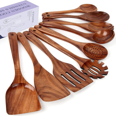 9-Piece Teak Wooden Cooking Utensil Set, Natural Solid Wood Kitchen Tools For Non-Stick Cookware, Includes Spatula, Ladle, Slotted Spoon, Strainer, Salad Fork, Mixing Spoon, Spaghetti Server