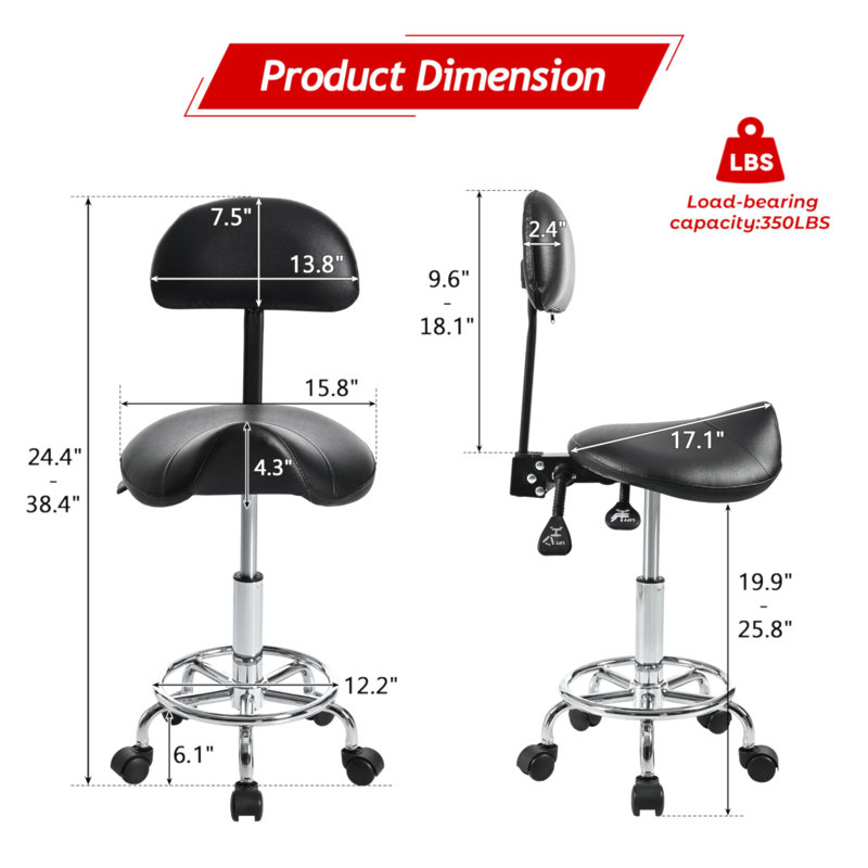 Tabouret de selle avec support pour le dos, tabourets roulants avec repose-pieds, tabouret ergonomique réglable avec roues, dossier réglable en hauteur et en angle pour le salon Spa Spa