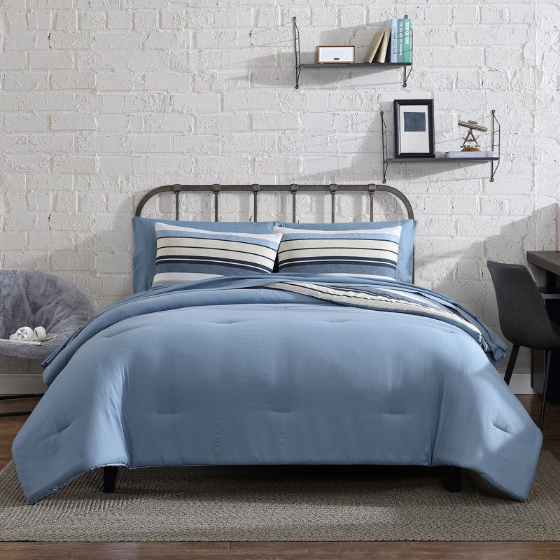 Perry Ellis Portfolio Palo Blue Stripe Reversible Bed in a Bag Comforter Set, Full Comforter + 6 Additional Pieces