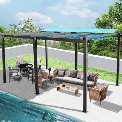 Pergola d'extérieur 11 x 16 pi - bleu lac. Rouille - structure en aluminium. Auvent. Pare-soleil rétractable. Installation facile. Parfait pour la cour, la piscine, la pelouse, la pergola bleue. Solide