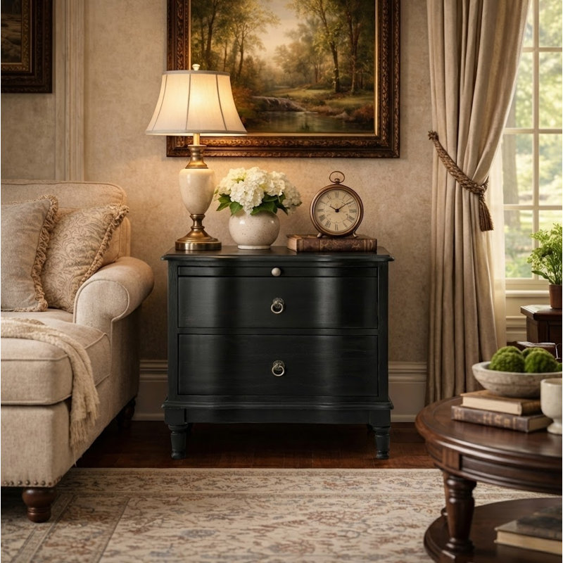 Sessoms Traditional 26''W 2-Drawer Solid Wood End Table with Built-In Outlet and Curved Drawer Fronts, Charcoal
