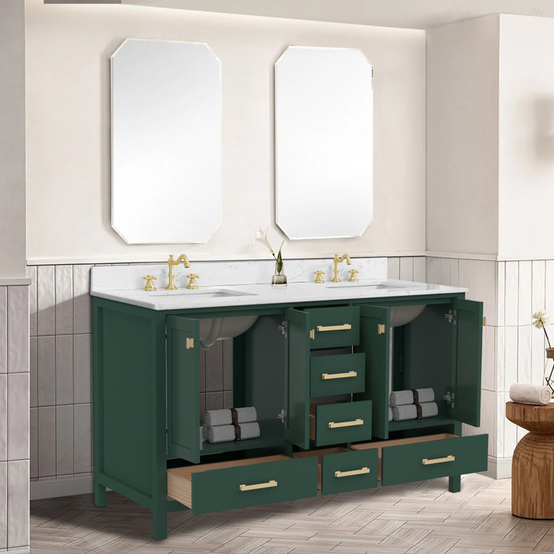 Meuble-lavabo 60 po, meuble-lavabo avec cadre en bois massif, comptoir autoportant avec double cuve vert