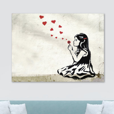 Banksy He Loves Me Girl Hearts by Banksy - Wrapped Canvas Print