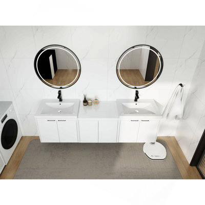 Meuble-lavabo 72 po avec lavabo en résine, portes à fermeture en douceur et armoire 1 côté, montage flottant, blanc brillant, contreplaqué - 24 po x 2 + 24 po