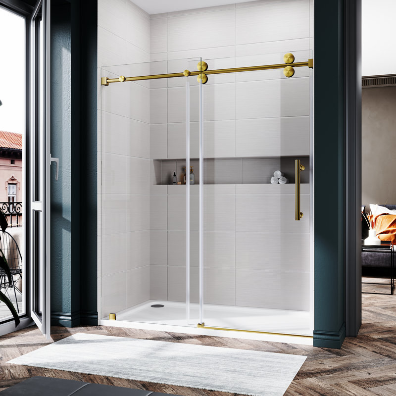 50'' - 55'' W x 76'' H Single Sliding Frameless Shower Door with Clear Glass, Gold