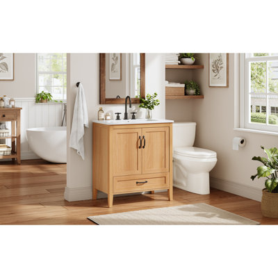 [Video] 30" Natural Wood Grain Bathroom Vanity With Ceramic Sink Top, Solid Wood Legs, Soft-Close Double Doors & Bottom Drawer, Adjustable Interior Shelf, Door-Mounted Organizers