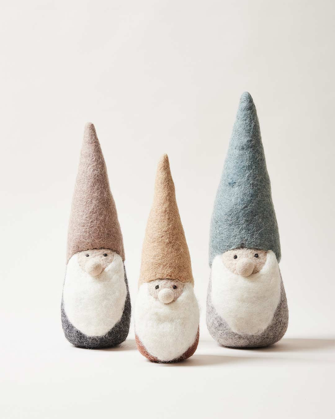 Felted Woodland Gnome, Medium: 12" H X 3.5"  (diameter at base), Tan/Charcoal/White