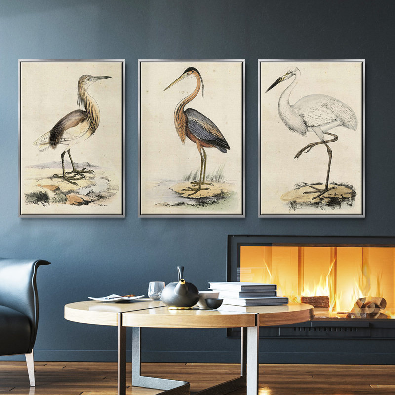 Antique Heron I, ensemble de 3 toiles encadrées sur toile, H 36 po x l 72 po, Argent