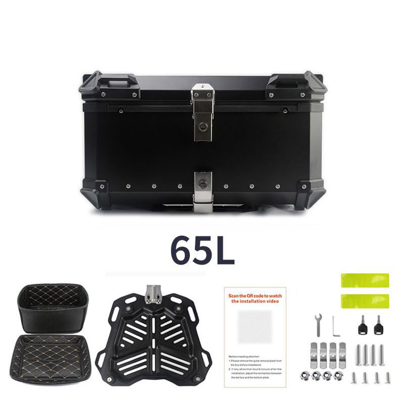 Heavy Duty Aluminum Motorcycle Top Case - 65L Waterproof & Anti-Theft Rear Trunk with Security Lock - Dustproof Touring Luggage Carrier for Helmet & Large Storage