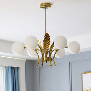 White Glass Post Modern Led Chandelier With Leaf Deco In Brass