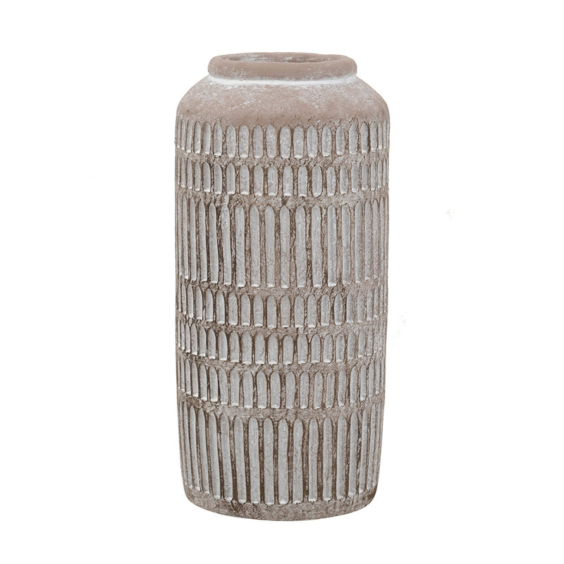 Vase décoratif 5,5 x 5,5 x 12 po sable brun et ciment avec texture côtelée terreuse