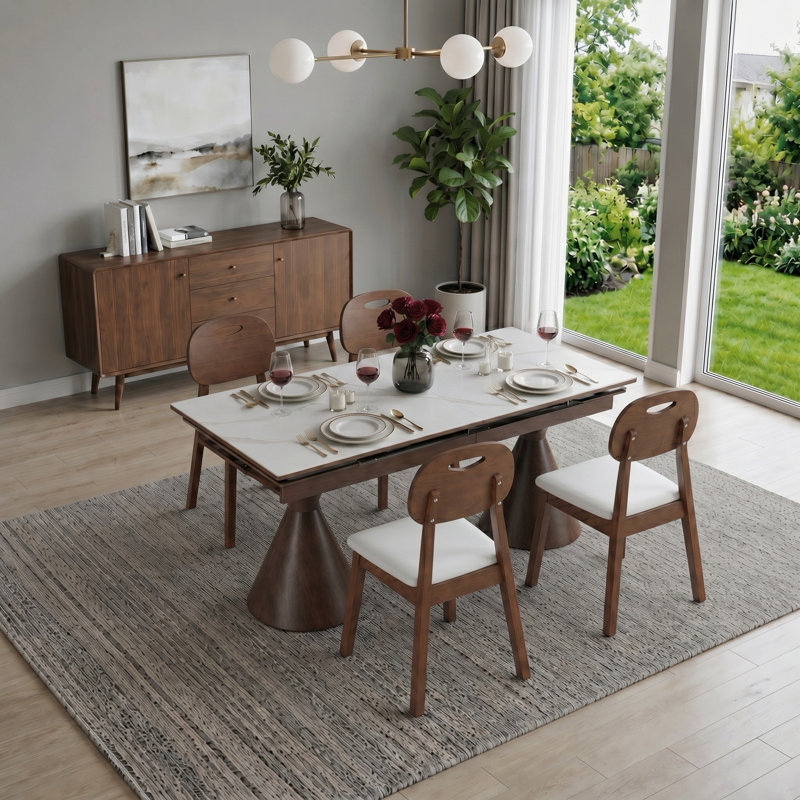 Ensemble de table de salle à manger extensible 55 "à 79" avec chaises en cuir PU Dominick, 5 Pcs: Table, 4 Chairs, Blanc