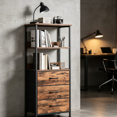 5-Tier Bookshelf with 3 Fabric Drawers, Modern Brown Storage Unit
