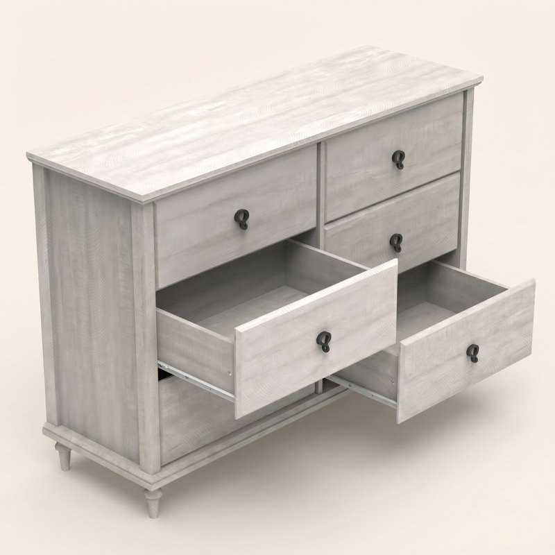 Commode double traditionnelle à 6 tiroirs avec pieds fuselés en bois massif Aleana, Chêne gris cendré