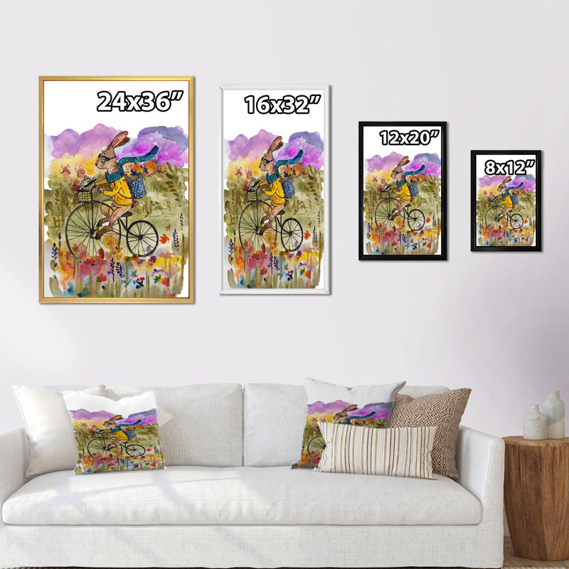 Mignon tour de vélo de lapin - peinture, H 12 po x l 8 po x P 1 po, Cadre flottant doré